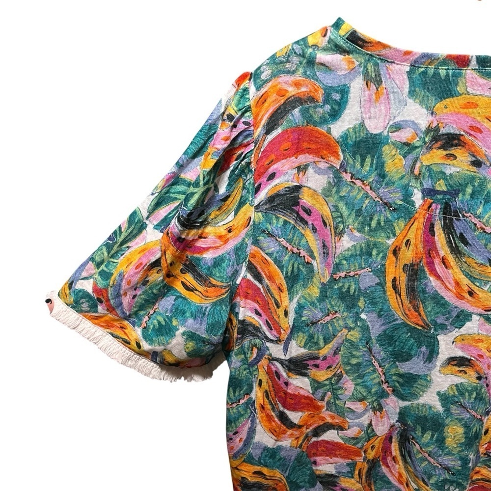Chico's 100% Linen Tropical Banana Print Short Sleeve Top Size 3 - Picture 3 of 10